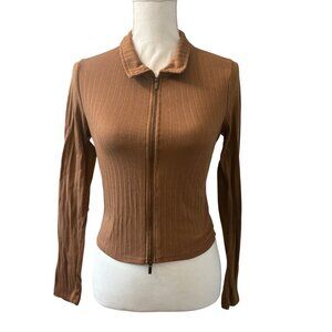 Womans Junior Brown Ribbed Long Sleeve Zip-Up Collared Top Size M (7-9) Slim Fit